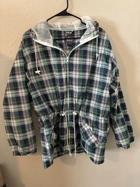 Vintage Woolrich Blue Green Plaid Hooded Windbreaker Jacket